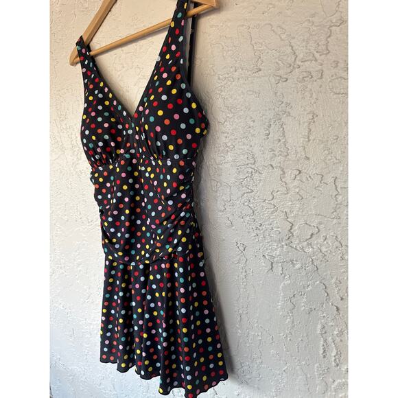Shekini - Skirted One Piece Swimsuit - Size XL - Black with Multicolor Dots - Picture 4 of 6